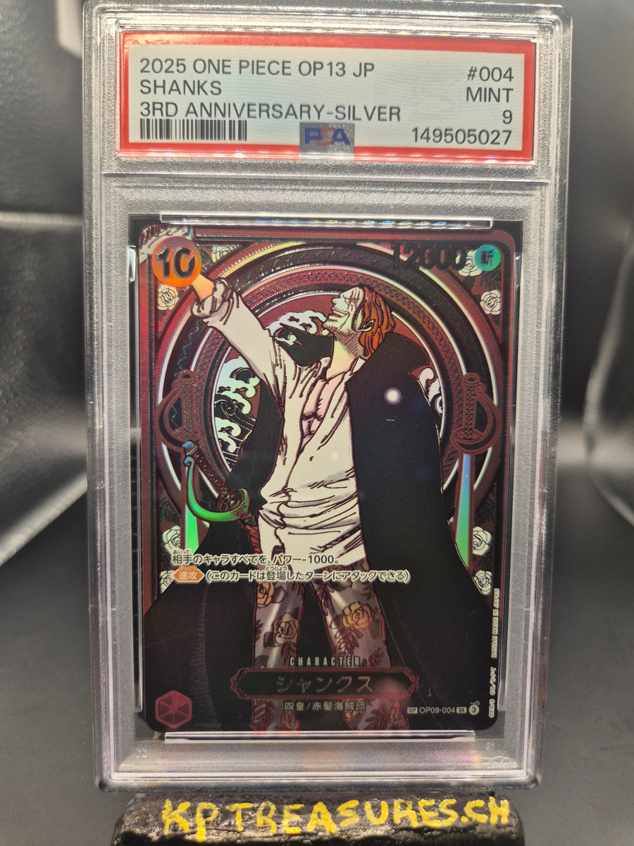 2025 ONE PIECE JAPANESE OP13 OP09-004 SHANKS 3RD ANNIVERSARY-SILVER PSA 9